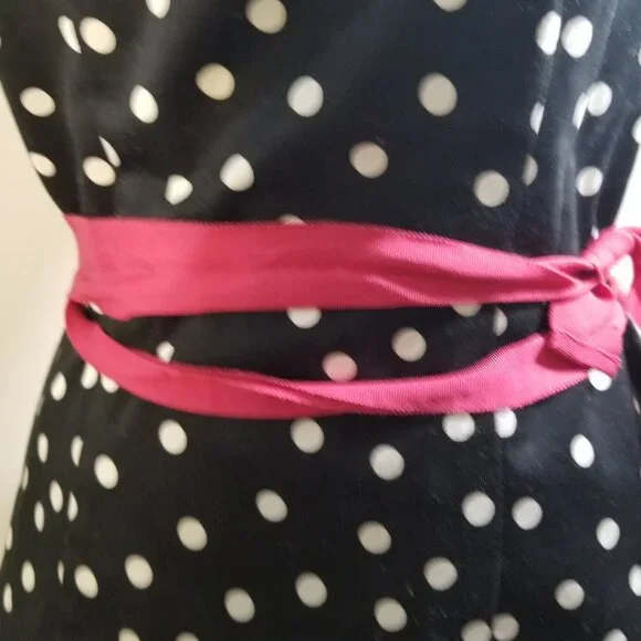 White House Black Market brand polka dot top in black with pink belt, size 2 - Picture 8 of 11